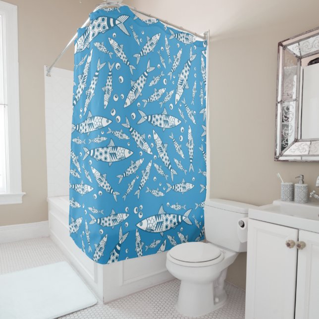 Portuguese Lisbon Sardines Pattern Azulejos Blue Shower Curtain (In Situ)