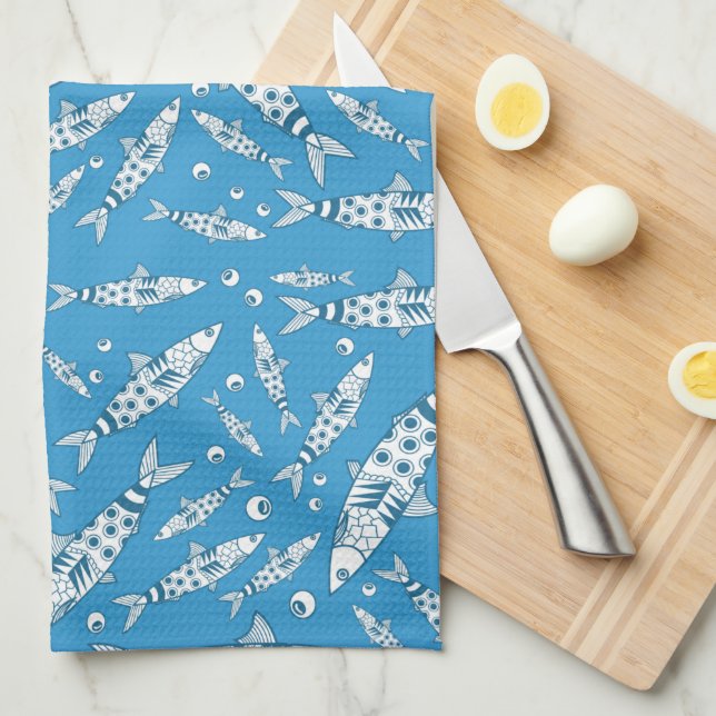 Portuguese Lisbon Sardines Pattern Azulejos Blue Tea Towel (Quarter Fold)