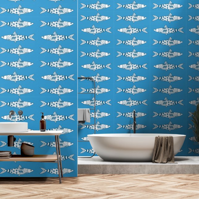 Portuguese Lisbon Sardines Pattern Azulejos Blue Wallpaper (Bathroom)