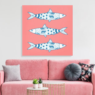 Portuguese Lisbon Sardines Pattern Azulejos Pink Canvas Print