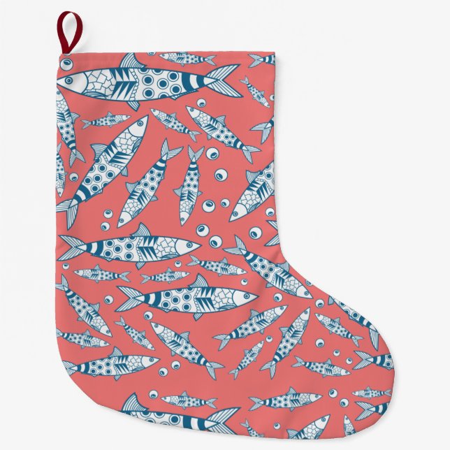 Portuguese Lisbon Sardines Pattern Azulejos Pink Large Christmas Stocking (Front)