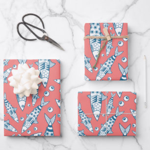 Portuguese Lisbon Sardines Pattern Azulejos Pink Wrapping Paper Sheet