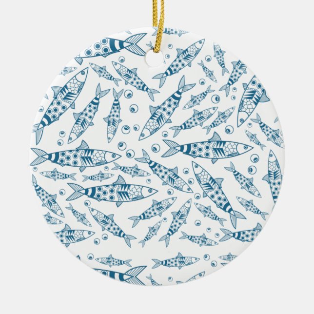 Portuguese Lisbon Sardines Pattern Azulejos White Ceramic Tree Decoration (Front)