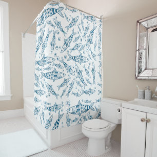 Portuguese Lisbon Sardines Pattern Azulejos White Shower Curtain