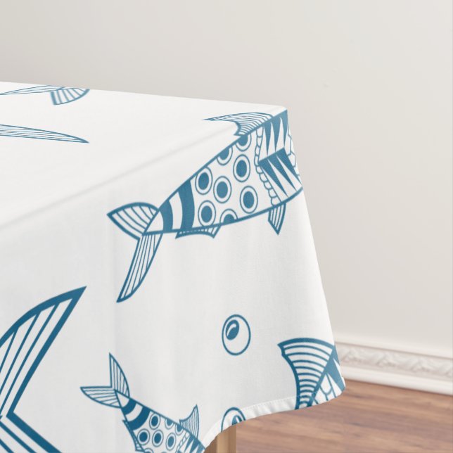 Portuguese Lisbon Sardines Pattern Azulejos White Tablecloth (In Situ)