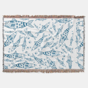 Portuguese Lisbon Sardines Pattern Azulejos White  Throw Blanket