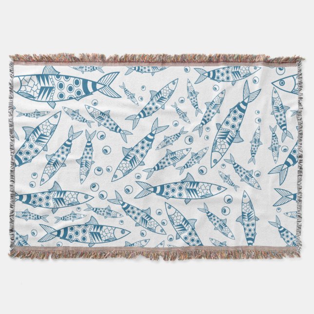 Portuguese Lisbon Sardines Pattern Azulejos White  Throw Blanket (Front)