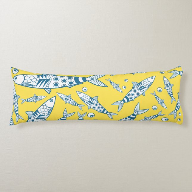 Portuguese Lisbon Sardines Pattern Azulejos Yellow Body Cushion (Front)