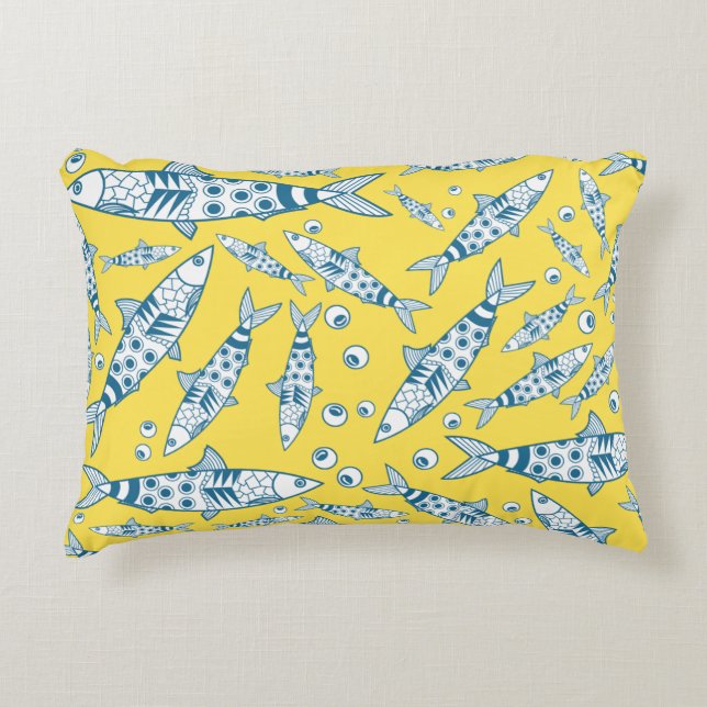 Portuguese Lisbon Sardines Pattern Azulejos Yellow Decorative Cushion (Front)