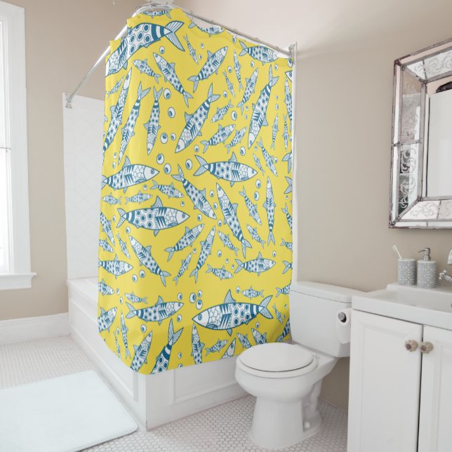 Portuguese Lisbon Sardines Pattern Azulejos Yellow Shower Curtain (In Situ)