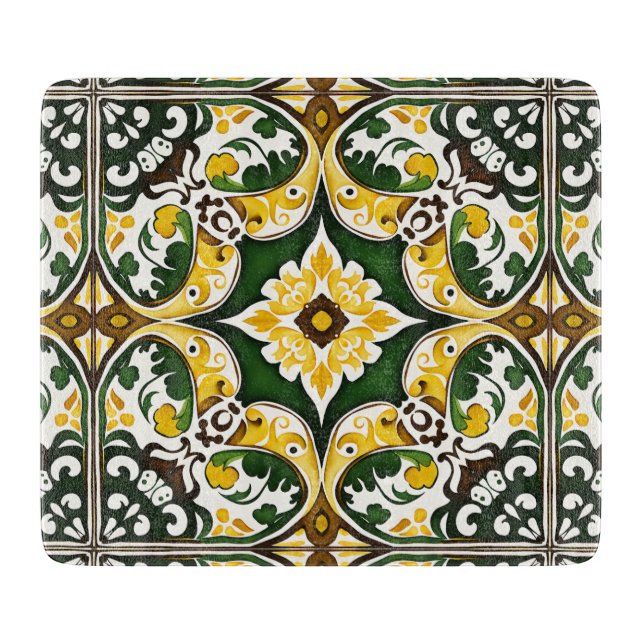 Portuguese Mediterranean tile pattern green yellow Cutting Board (Front)