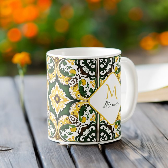 Portuguese Mediterranean tile pattern Monogram Coffee Mug (Portuguese Mediterranean tile pattern Monogram Coffee Mug personalized gifts bridesmaid gifts favors)