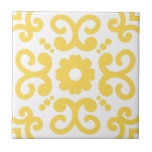 Portuguese Mediterranean Warm Yellow White 2 Tile<br><div class="desc">Stylish Azulejo Portuguese Mediterranean style pattern ceramic tile light warm yellow on a white background. Perfect for interior design or backsplash. Pattern version 2.</div>