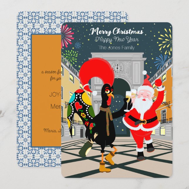Portuguese Rooster and Santa toast to the New Year Card (Front/Back)