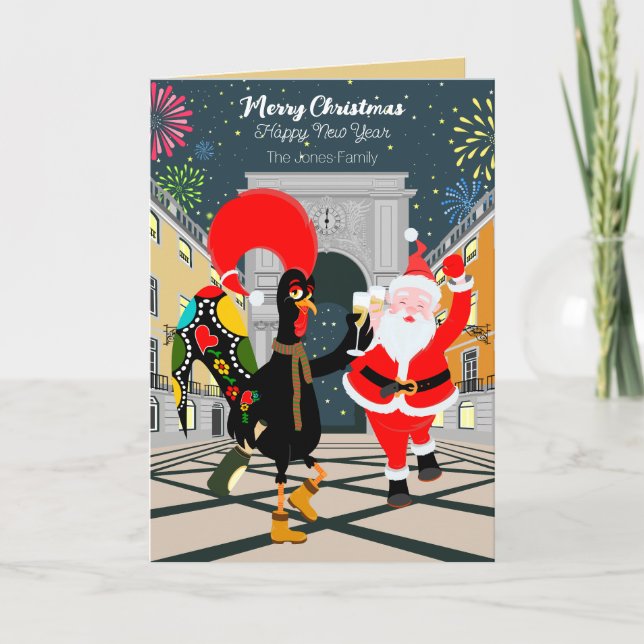 Portuguese Rooster and Santa toast to the New Year Card (Front)