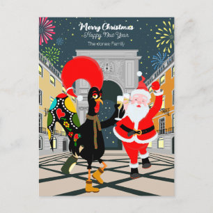 Portuguese Rooster and Santa toast to the New Year Postcard