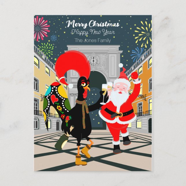 Portuguese Rooster and Santa toast to the New Year Postcard (Front)