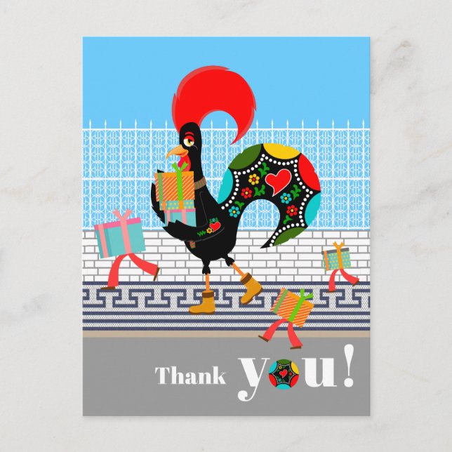 Portuguese Rooster Birthday Party Thank You Postcard (Front)