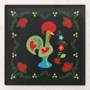 Portuguese Rooster of Luck in green colour Glass Coaster