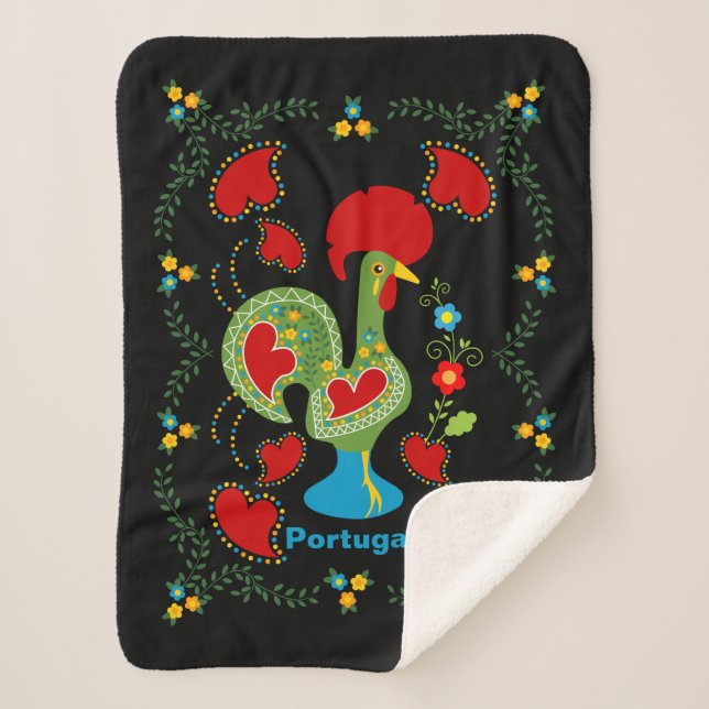 Portuguese Rooster of Luck in green colour Sherpa Blanket (Front)