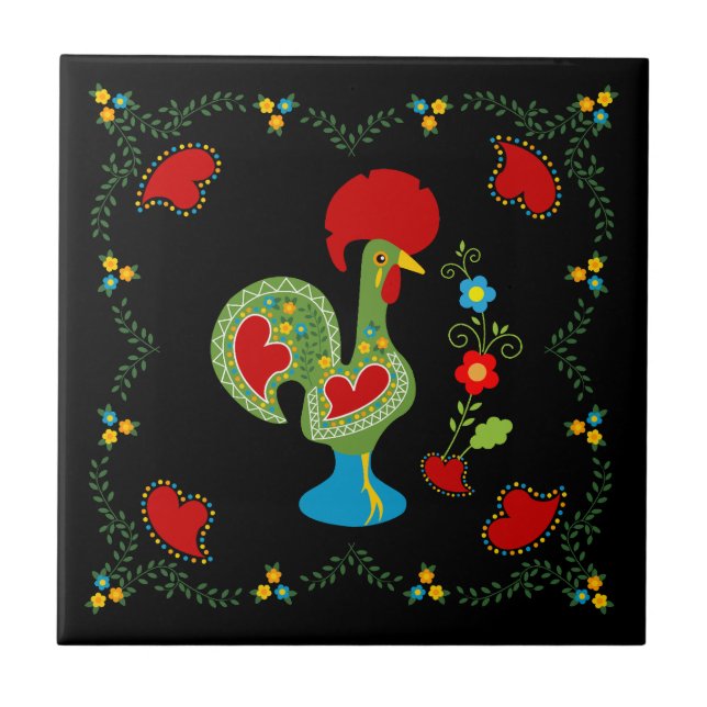 Portuguese Rooster of Luck in green colour Tile (Front)