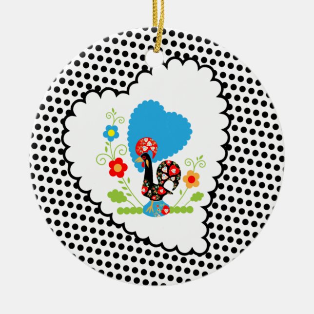 Portuguese Rooster with black polka dots Ceramic Tree Decoration (Front)