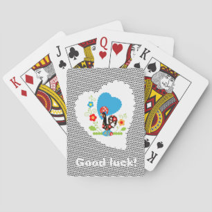 Portuguese rooster with black polka dots playing cards