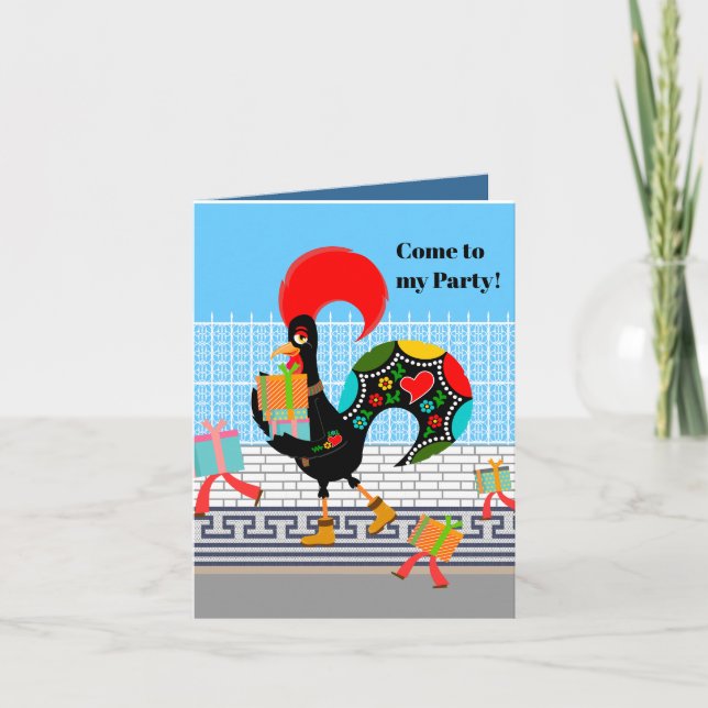 Portuguese Rooster with gifts 1st Birthday Party  Invitation (Front)