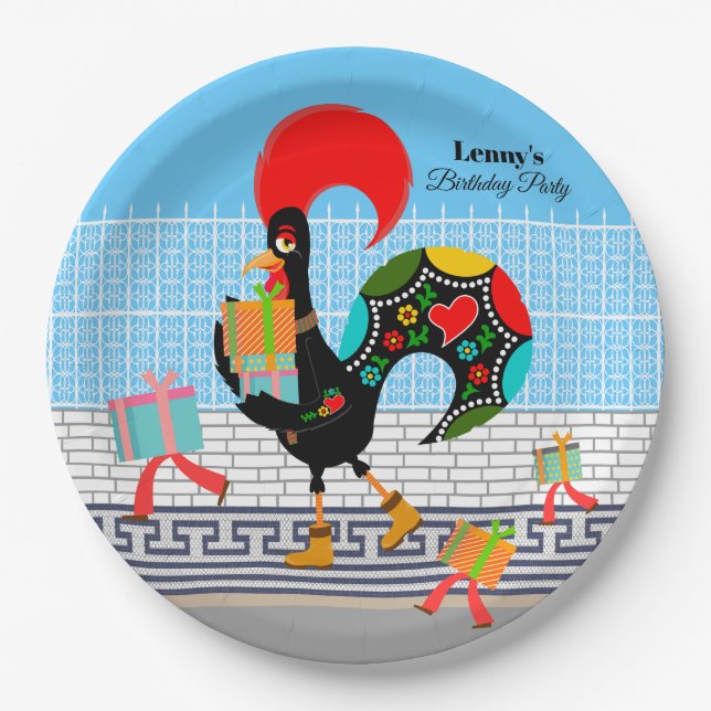 Portuguese Rooster with gifts 1st Birthday Party  Paper Plate (Front)