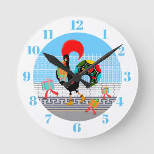 Portuguese Rooster with gifts 1st Birthday Party  Round Clock
