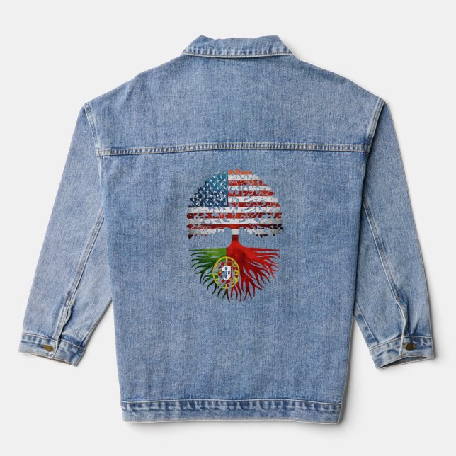 Portuguese Roots American Grown Portugal Flag  Denim Jacket (Back)