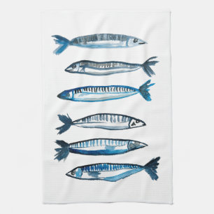 Portuguese sardines watercolor tea towel