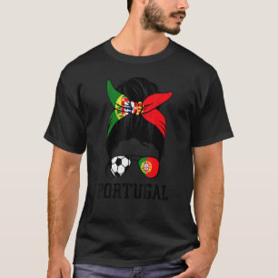 Portuguese Soccer Girl Mum Messy Bun Portugal Foot T-Shirt