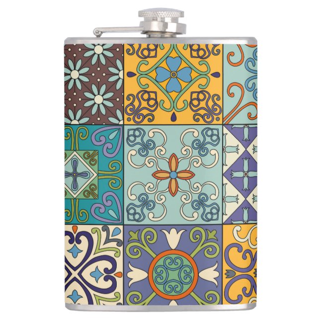 Portuguese Talavera Tile Design Hip Flask (Front)