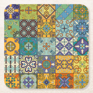 Portuguese Talavera Tile Design Square Paper Coaster