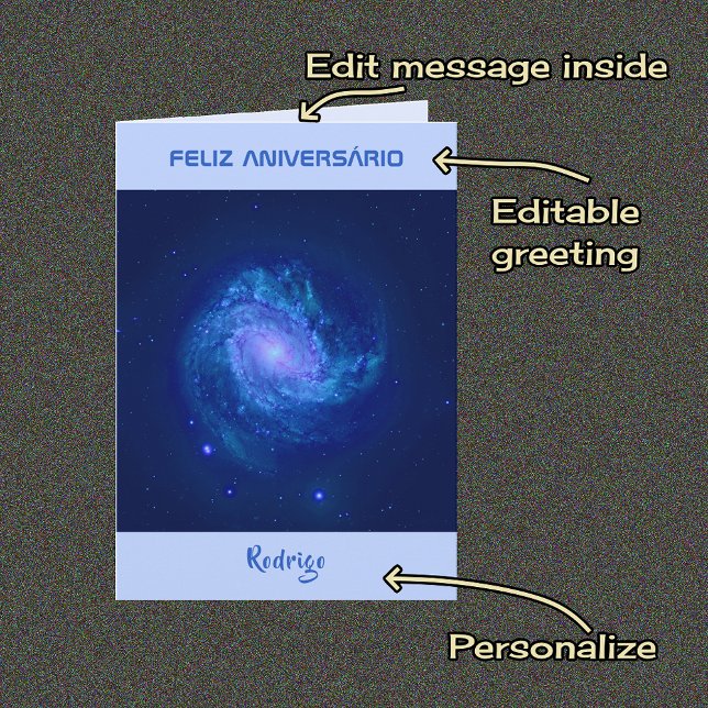 Portuguese text spiral galaxy blue birthday card (Creator Uploaded)
