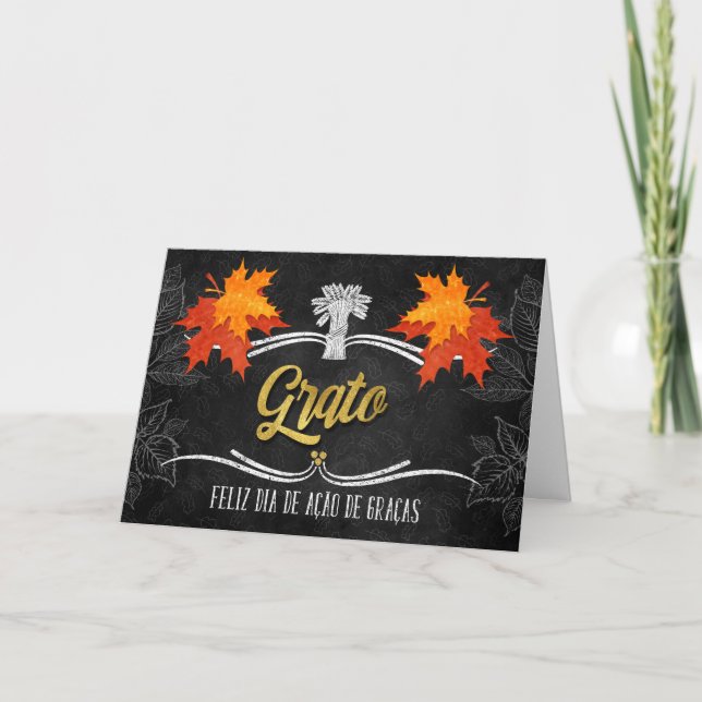 Portuguese Thanksgiving Grateful Blessings Chalk Holiday Card (Front)