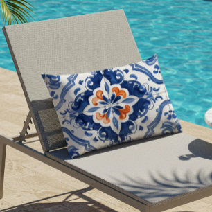 Portuguese Tile Pattern Blue White Orange Lumbar Cushion