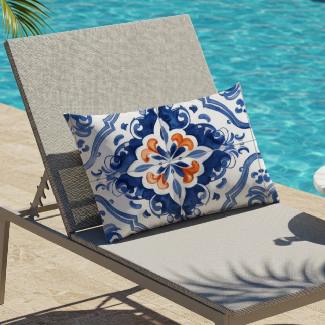 Portuguese Tile Pattern Blue White Orange Lumbar Cushion (Creator Uploaded)