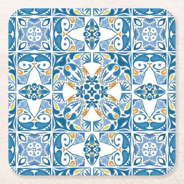 Portuguese Tile Pattern Square Paper Coaster (Front)