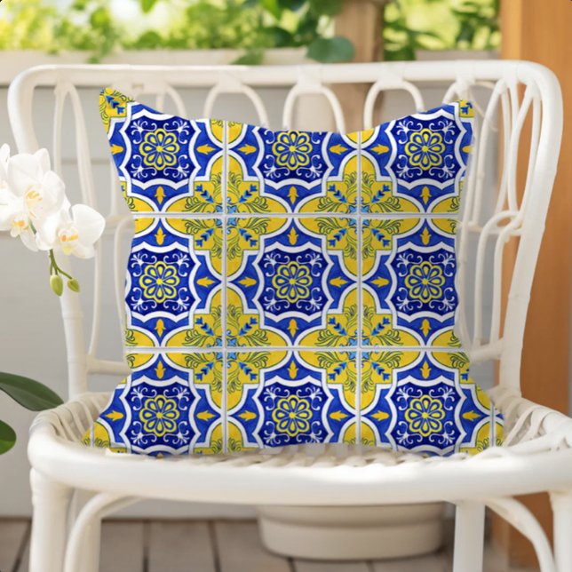 Portuguese Tile Pattern Yellow Blue Cushion (Creator Uploaded)