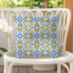Portuguese Tile Pattern Yellow White Blue Cushion