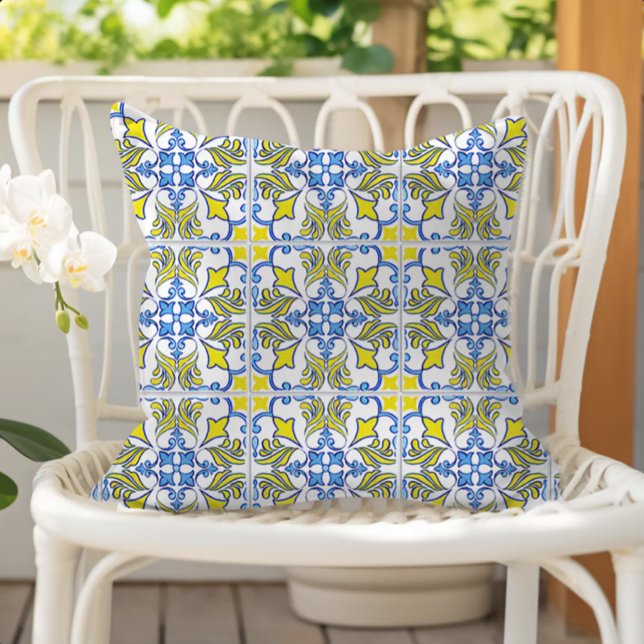 Portuguese Tile Pattern Yellow White Blue Cushion (Creator Uploaded)