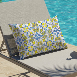 Portuguese Tile Pattern Yellow White Blue Outdoor Lumbar Cushion