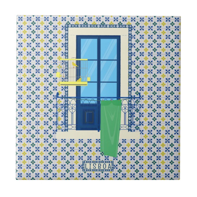 Portuguese tiles and window balcony with bird (Front)
