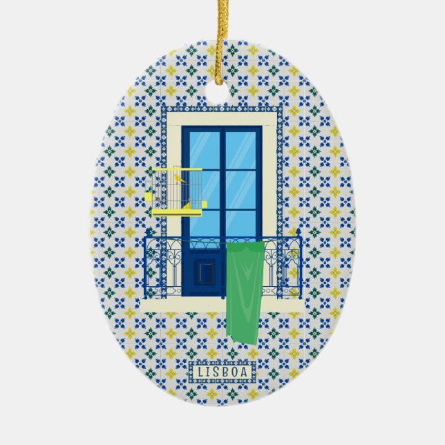 Portuguese tiles and window balcony with bird ceramic tree decoration (Front)