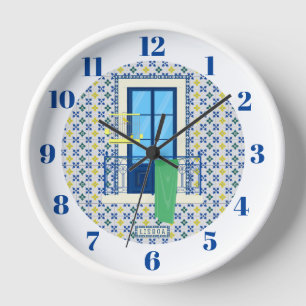 Portuguese tiles and window balcony with bird clock