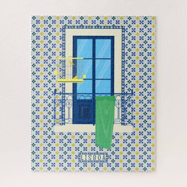 Portuguese tiles and window balcony with bird jigsaw puzzle (Vertical)