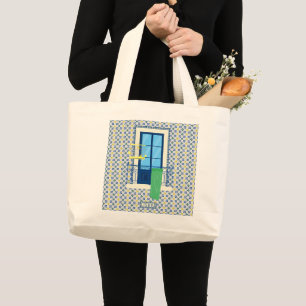 Portuguese tiles and window balcony with bird large tote bag