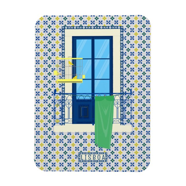 Portuguese tiles and window balcony with bird magnet (Vertical)